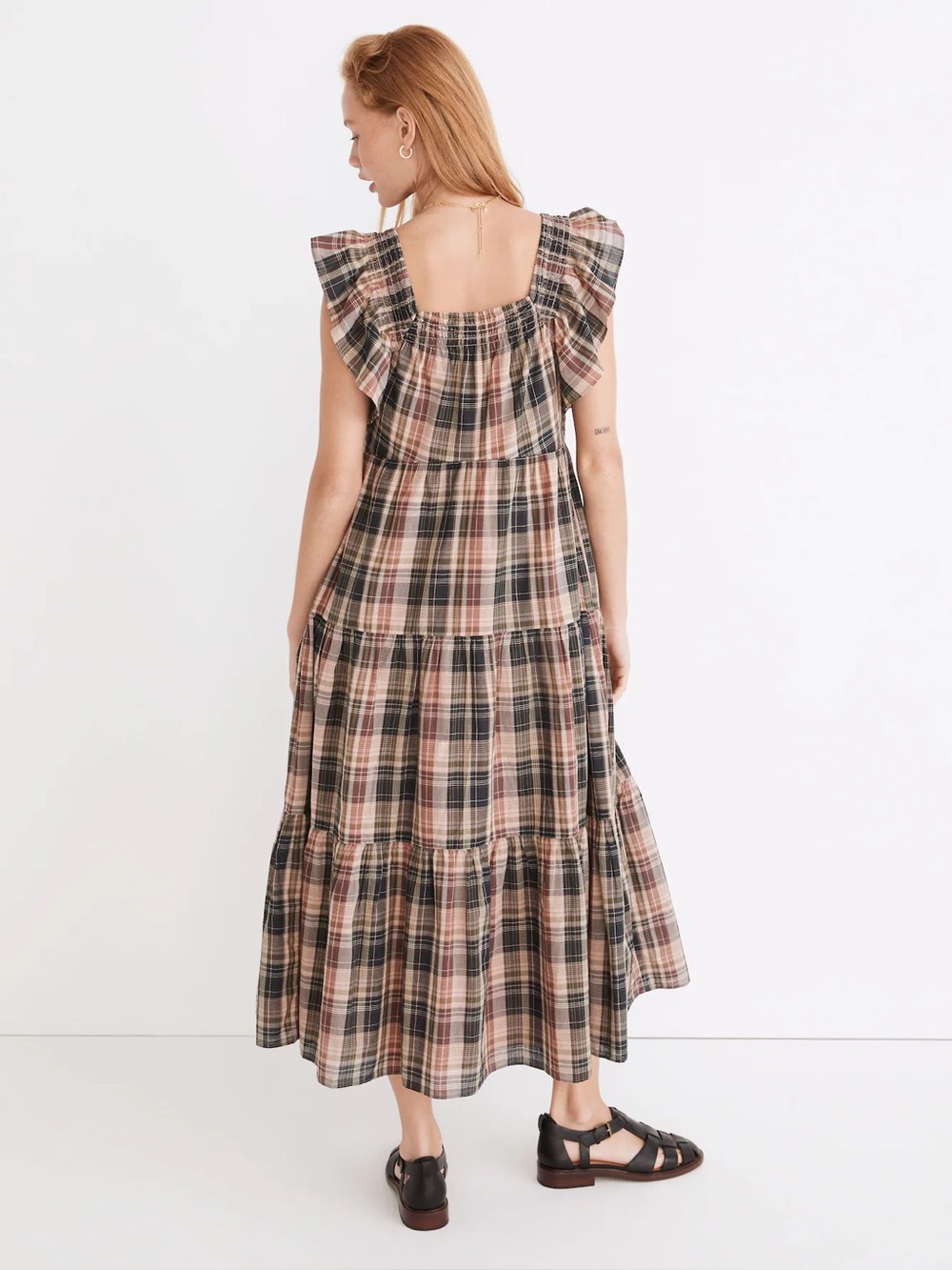 Madewell Flutter-Sleeve Tiered Midi Dress in Plaid XXL - Picture 3 of 12